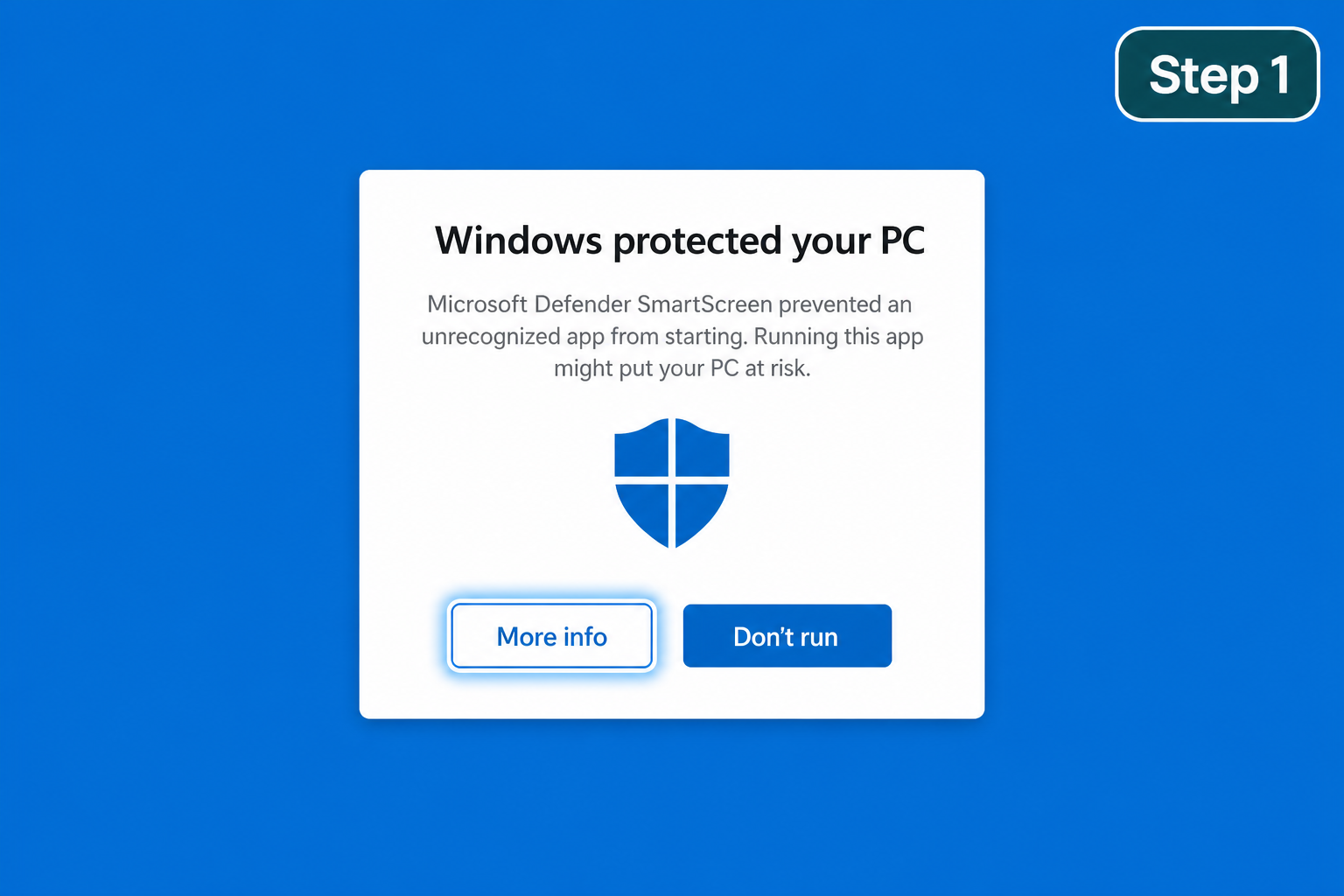 Illustration: SmartScreen-style blue screen with More info button highlighted (educational mockup, not an exact Windows screenshot).