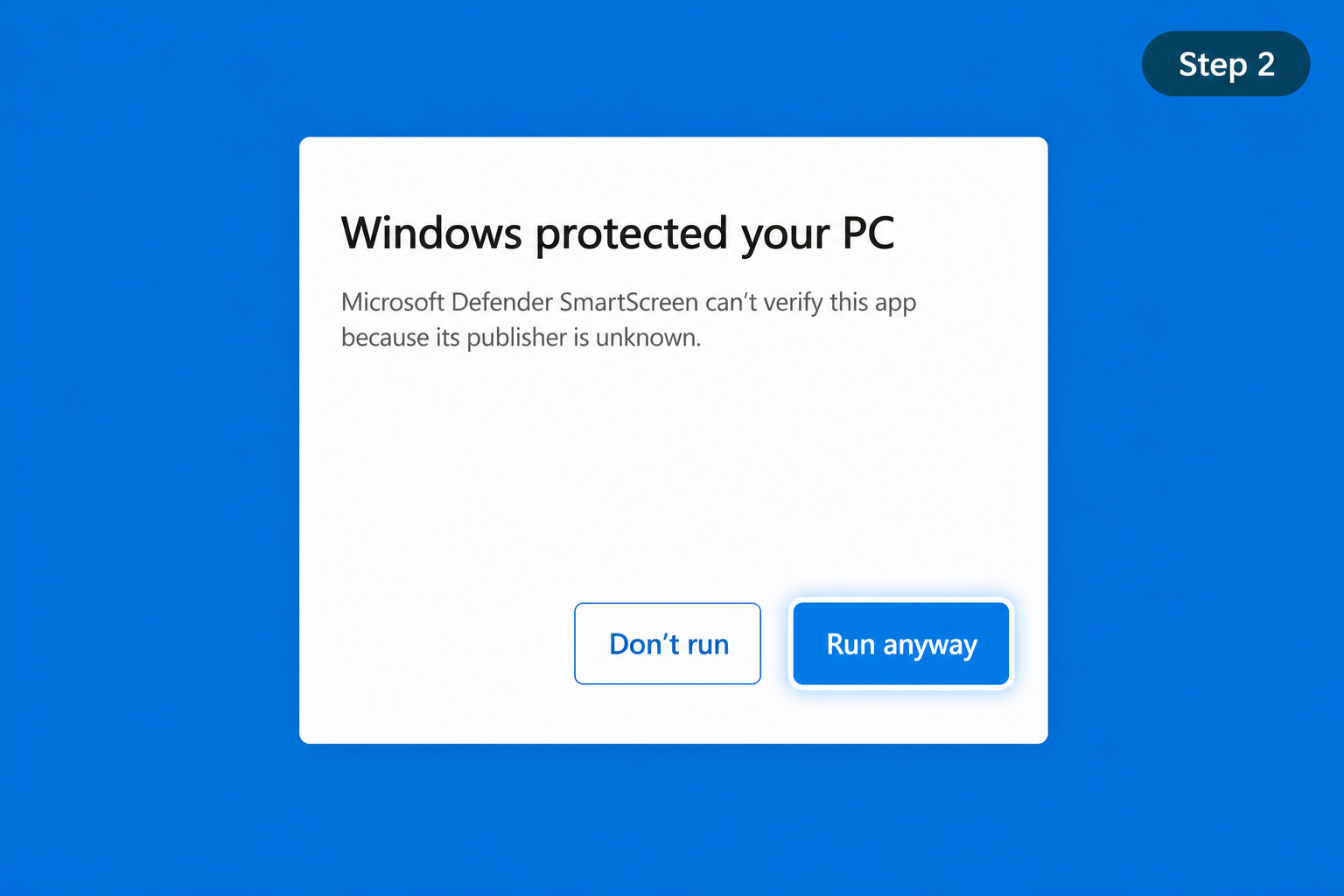 Illustration: same style screen with Run anyway button highlighted (educational mockup).